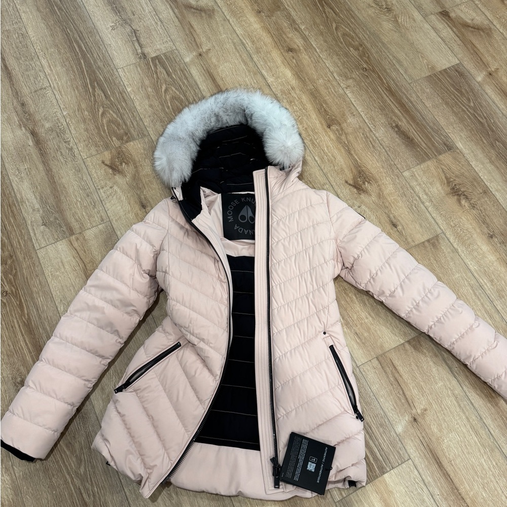 Moose Knuckles Light Pink Puffer Jacket with Fur Hood